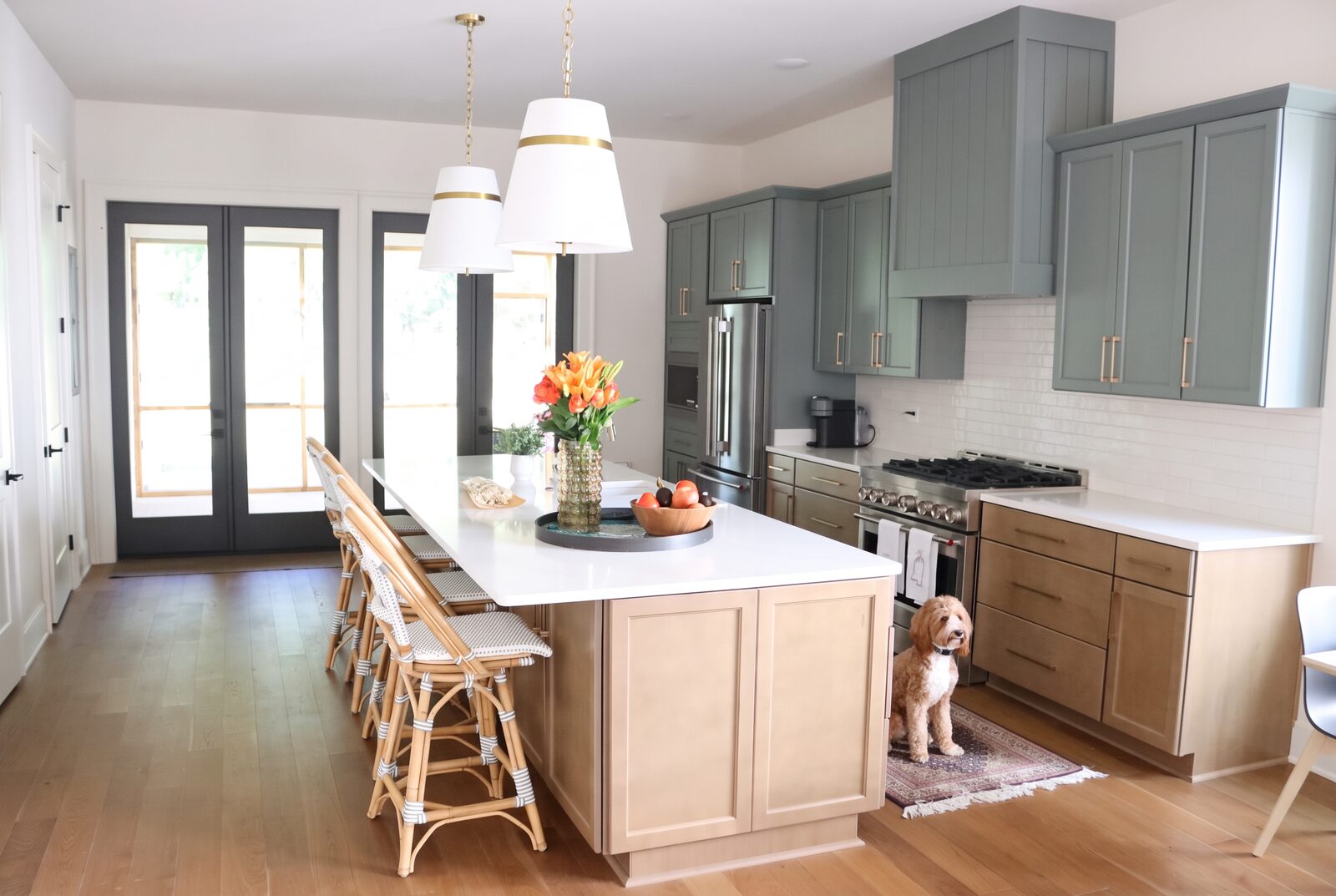 Chef's kitchen with marble island and professional range